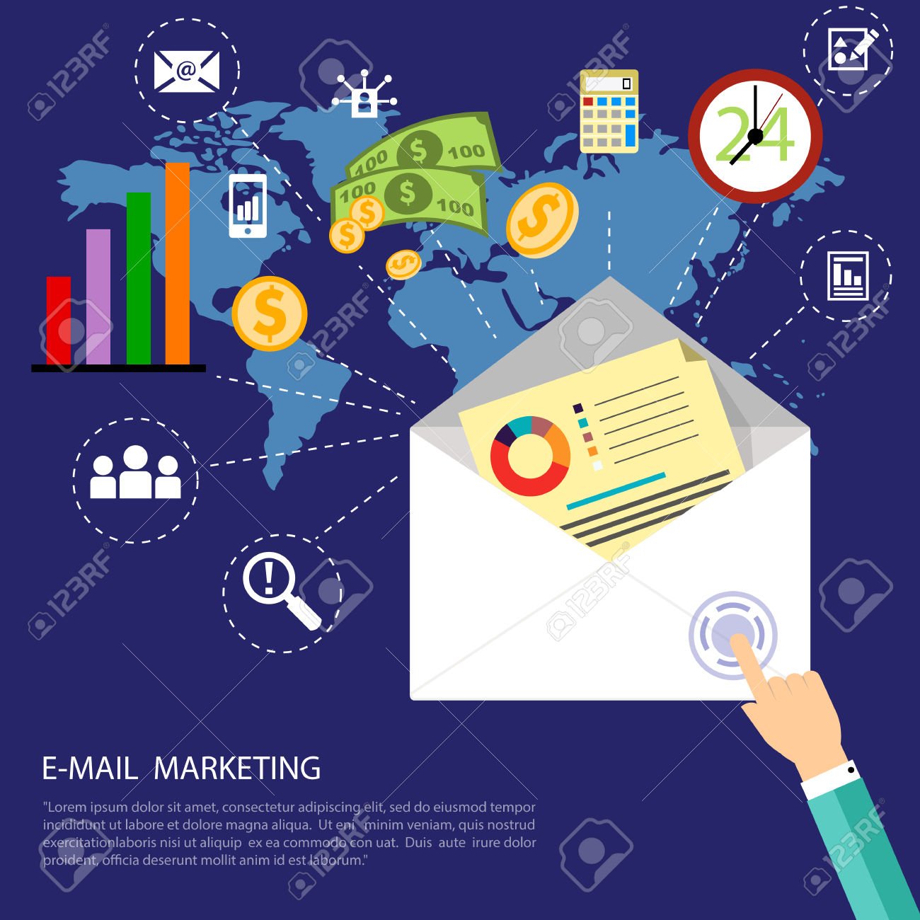 Email marketing concept. World map surrounded by media icons. Flat design stylish letter with application icons